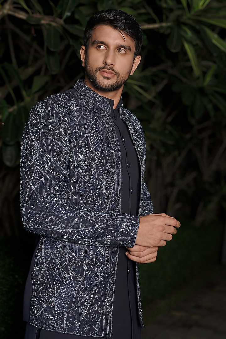 Navy Blue Imported Fabric Embroidered Wedding Indowestern Set by RE CHANNEL at Pernia's Pop Up Shop