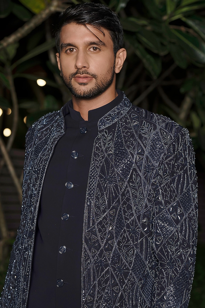 Navy Blue Imported Fabric Embroidered Wedding Indowestern Set by RE CHANNEL at Pernia's Pop Up Shop
