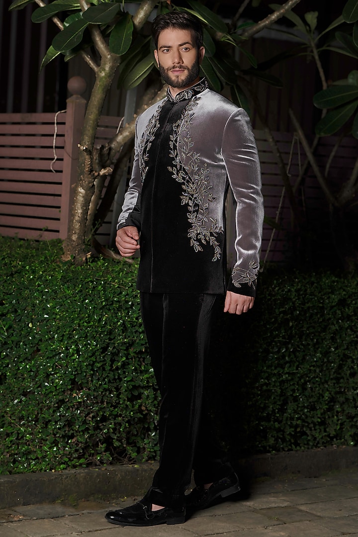 Black & Ash Grey Velvet Cutdana Work Jodhpuri Set by RE CHANNEL at Pernia's Pop Up Shop