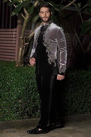 Black & Ash Grey Velvet Cutdana Work Jodhpuri Set by RE CHANNEL