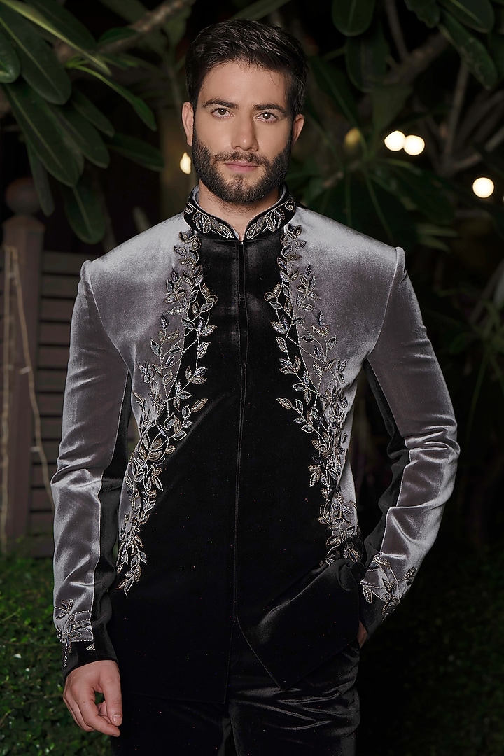Black & Ash Grey Velvet Cutdana Work Jodhpuri Set by RE CHANNEL at Pernia's Pop Up Shop