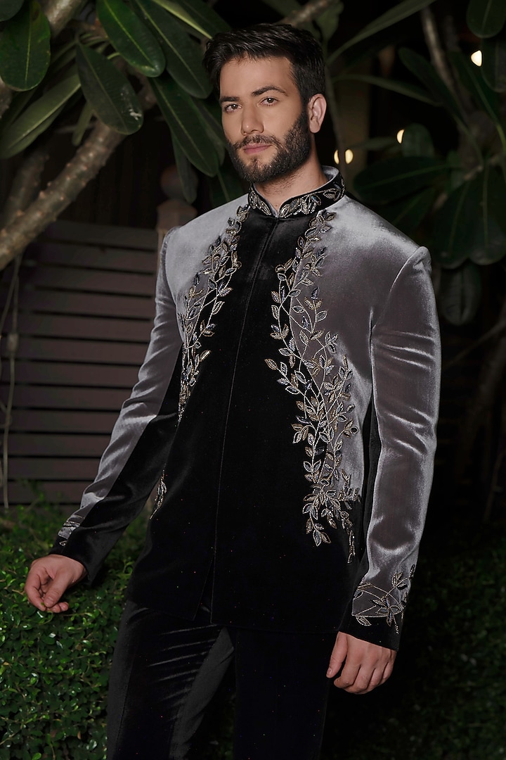 Black & Ash Grey Velvet Cutdana Work Jodhpuri Set by RE CHANNEL at Pernia's Pop Up Shop