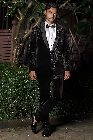 Black Velvet Cutdana Embroidered Tuxedo Set by RE CHANNEL