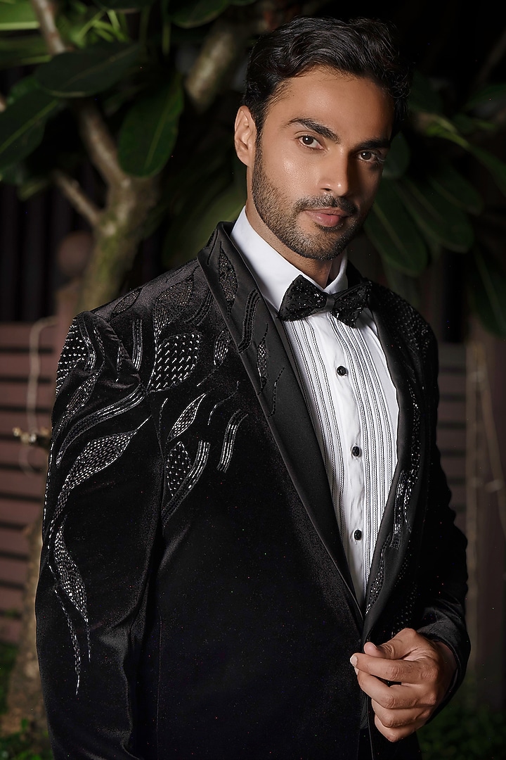 Black Velvet Cutdana Embroidered Tuxedo Set by RE CHANNEL at Pernia's Pop Up Shop