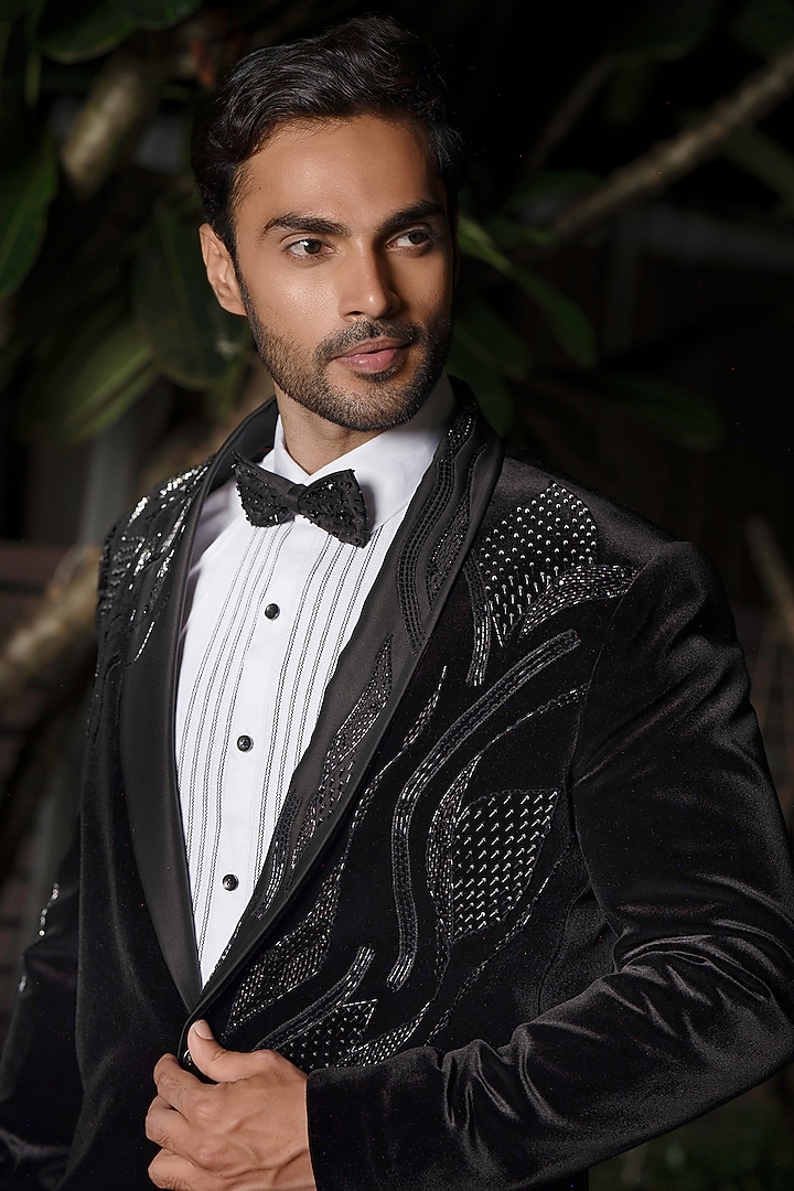 Black Velvet Cutdana Embroidered Tuxedo Set by RE CHANNEL at Pernia's Pop Up Shop