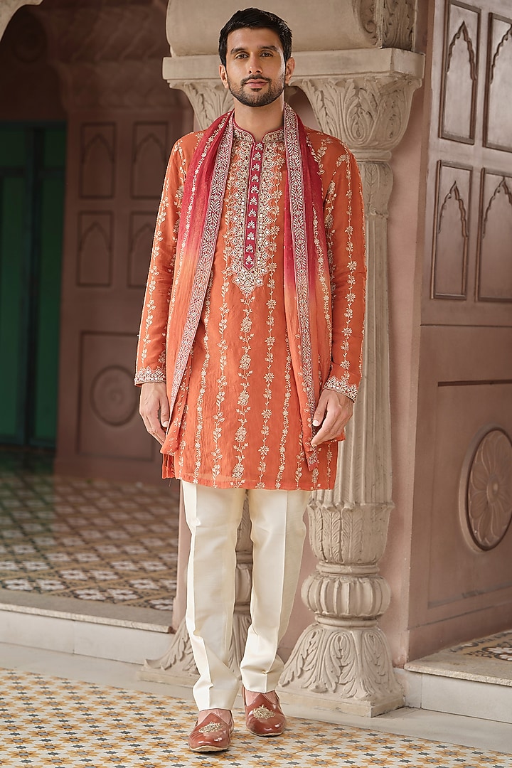 Rust Tissue Silk Resham Embroidered Kurta Set by RE CHANNEL at Pernia's Pop Up Shop