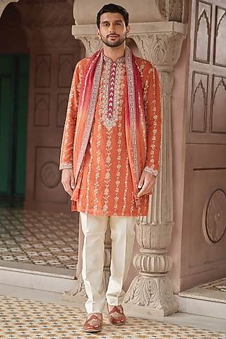 Rust Tissue Silk Resham Embroidered Kurta Set by RE CHANNEL
