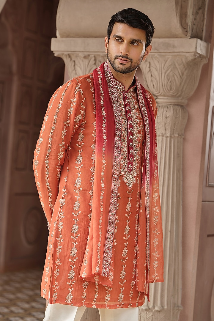 Rust Tissue Silk Resham Embroidered Kurta Set by RE CHANNEL at Pernia's Pop Up Shop
