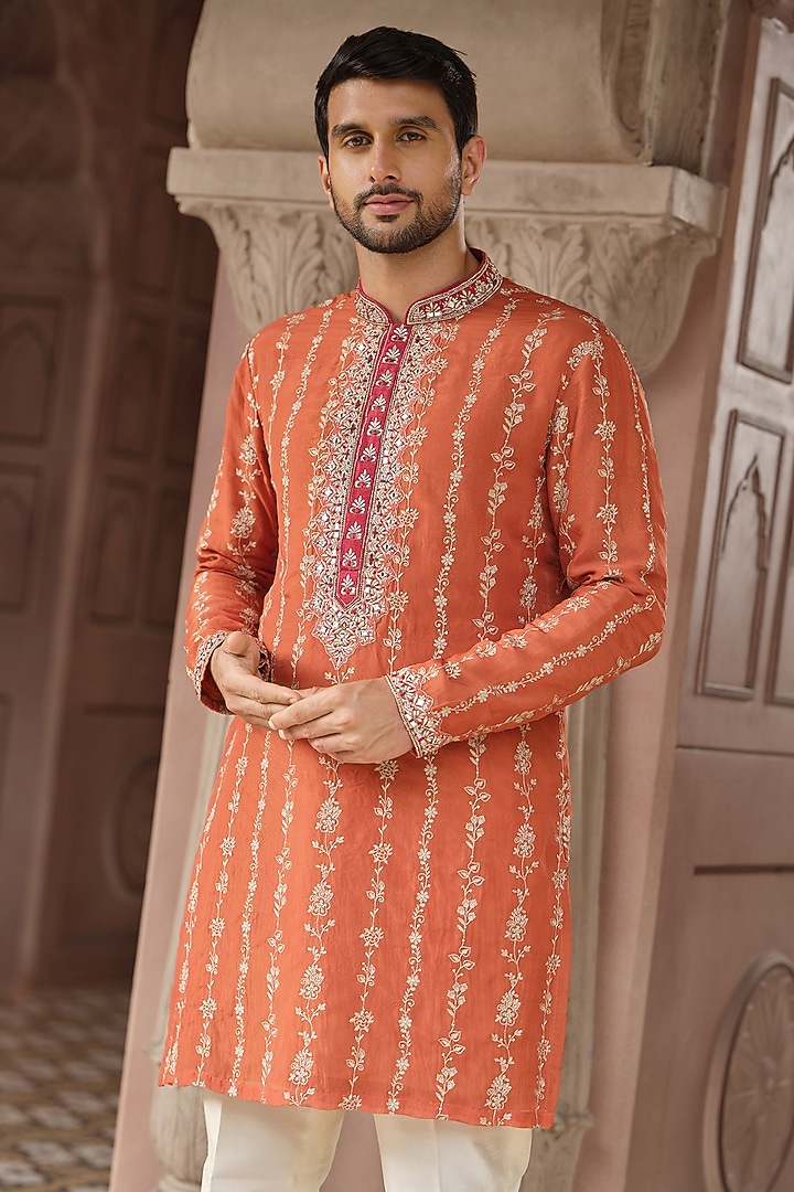 Rust Tissue Silk Resham Embroidered Kurta Set by RE CHANNEL at Pernia's Pop Up Shop