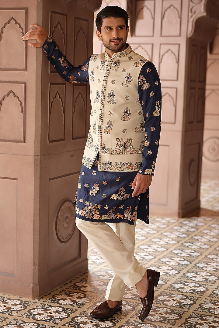 Gold Tissue Handwork Bundi Jacket Set by RE CHANNEL at Pernia's Pop Up Shop