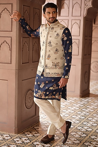 Gold Tissue Handwork Bundi Jacket Set by RE CHANNEL