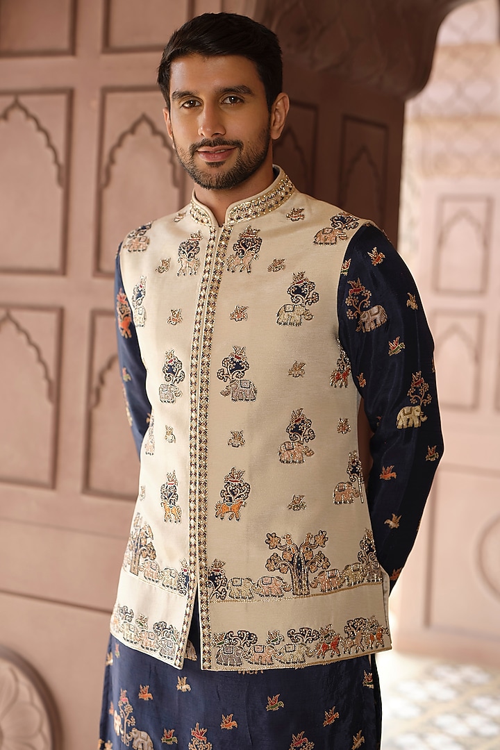 Gold Tissue Handwork Bundi Jacket Set by RE CHANNEL at Pernia's Pop Up Shop