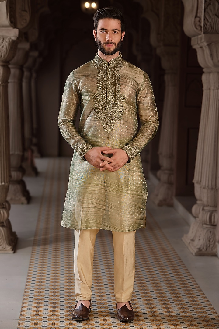 Green Banarasi Tissue Cutdana Hand Embroidered Kurta Set by RE CHANNEL at Pernia's Pop Up Shop