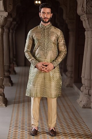 Green Banarasi Tissue Cutdana Hand Embroidered Kurta Set by RE CHANNEL