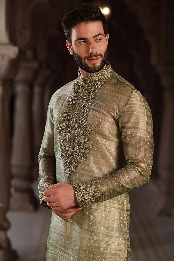 Green Banarasi Tissue Cutdana Hand Embroidered Kurta Set by RE CHANNEL at Pernia's Pop Up Shop