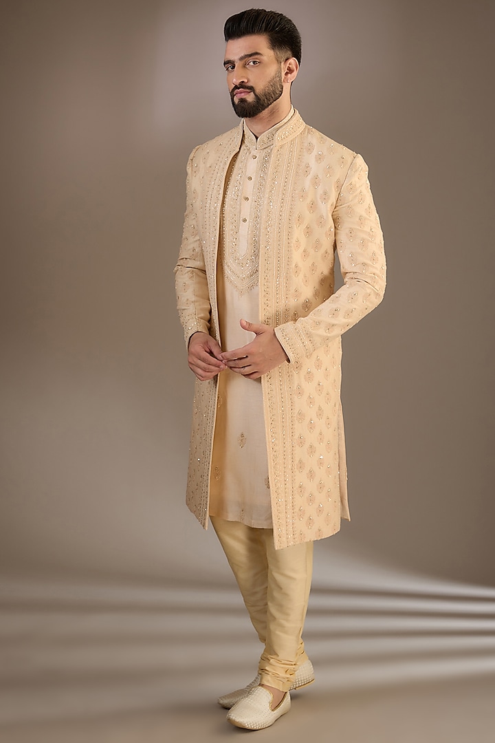 Gold Silk Sequins & Zari Embroidered Sherwani Set by RE CHANNEL