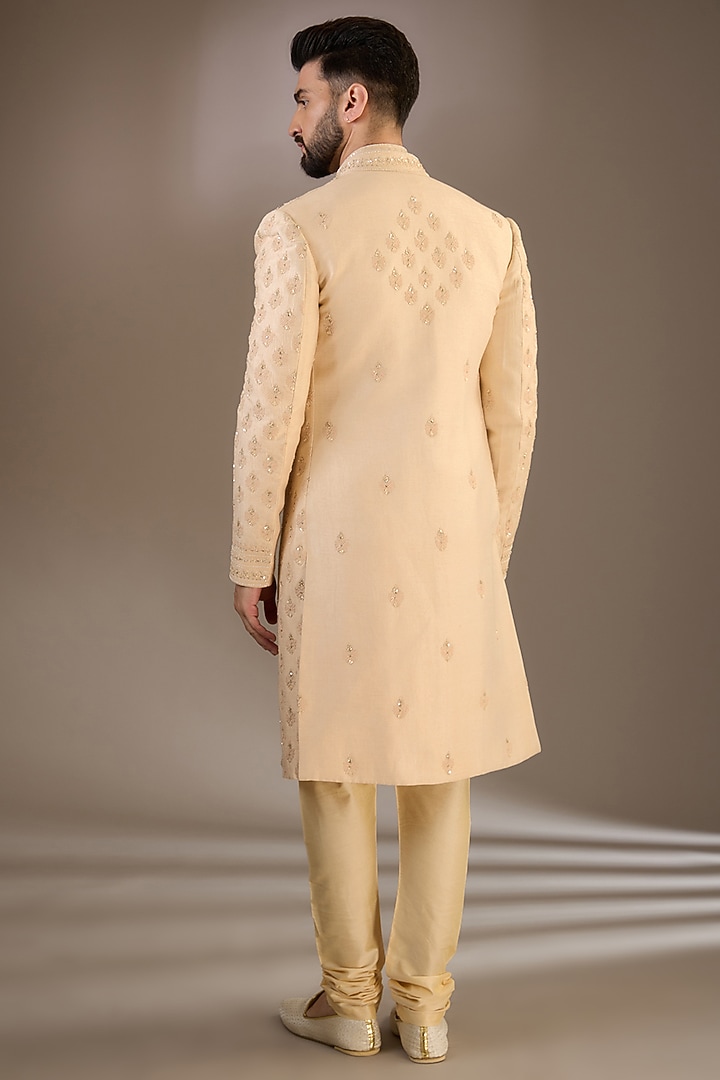 Gold Silk Sequins & Zari Embroidered Wedding Sherwani Set by RE CHANNEL at Pernia's Pop Up Shop