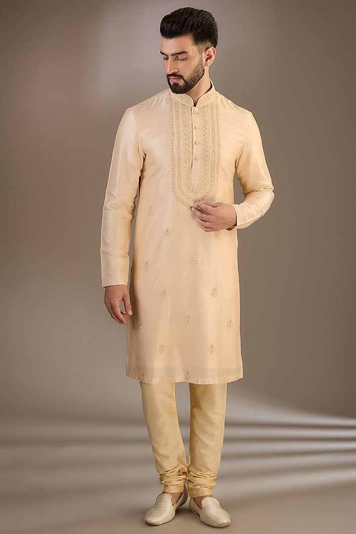 Gold Silk Sequins & Zari Embroidered Wedding Sherwani Set by RE CHANNEL at Pernia's Pop Up Shop