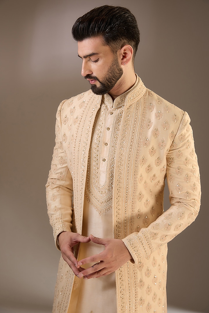 Gold Silk Sequins & Zari Embroidered Wedding Sherwani Set by RE CHANNEL at Pernia's Pop Up Shop