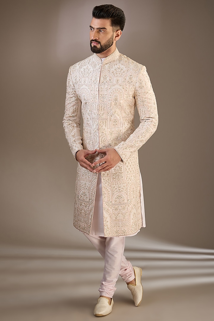 Powder Pink Silk Stone & Thread Embroidered Sherwani Set by RE CHANNEL