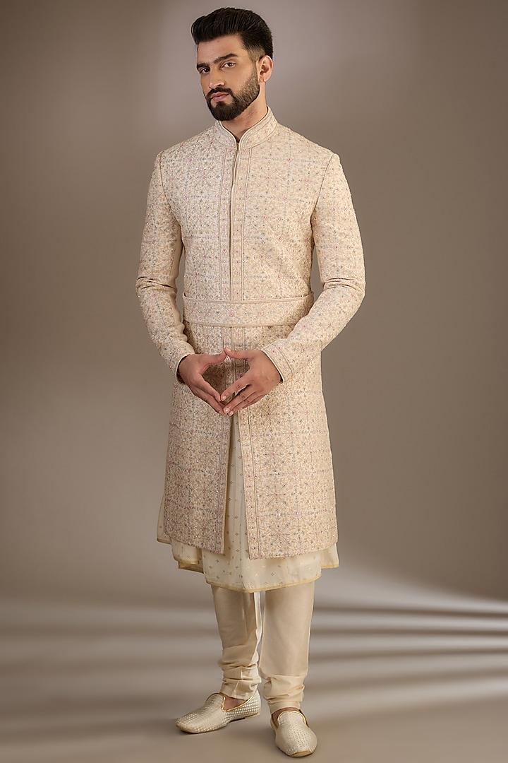 Peach Gold Silk Dori & Sequins Embroidered Sherwani Set by RE CHANNEL