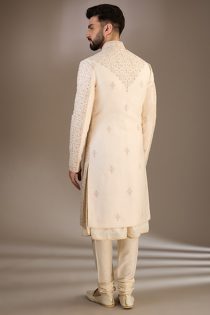 Peach Gold Silk Dori & Sequins Embroidered Groom Sherwani Set by RE CHANNEL at Pernia's Pop Up Shop