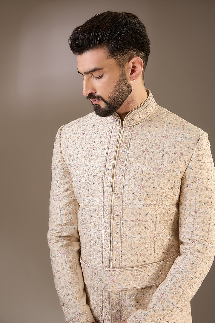 Peach Gold Silk Dori & Sequins Embroidered Groom Sherwani Set by RE CHANNEL at Pernia's Pop Up Shop