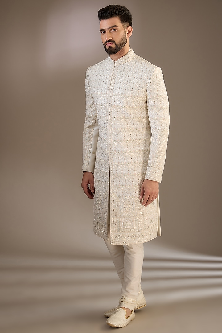 Ivory Gold Silk Cutdana & Moti Embroidered Sherwani Set by RE CHANNEL