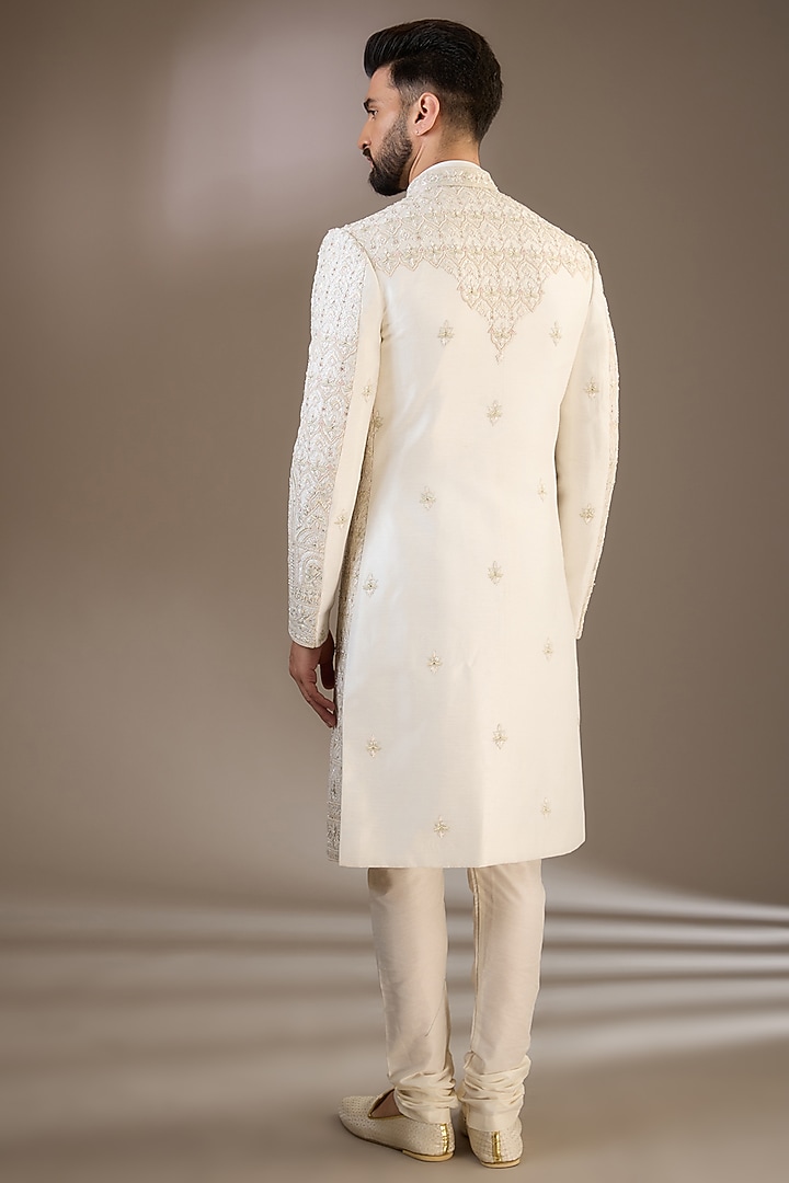 Ivory Gold Silk Cutdana & Moti Embroidered Wedding Sherwani Set by RE CHANNEL at Pernia's Pop Up Shop