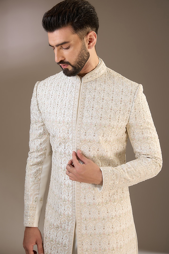 Ivory Gold Silk Cutdana & Moti Embroidered Wedding Sherwani Set by RE CHANNEL at Pernia's Pop Up Shop