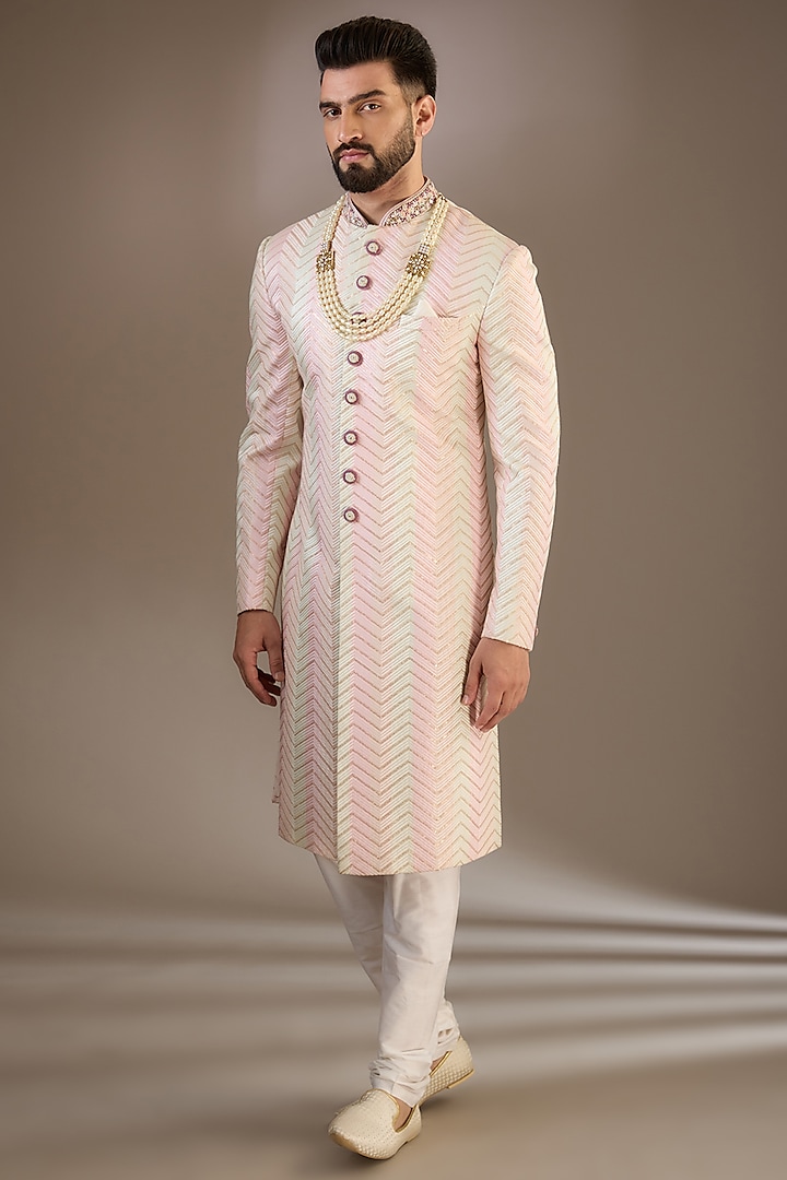 Pastel Blush Silk Cutdana & Resham Embroidered Sherwani Set by RE CHANNEL