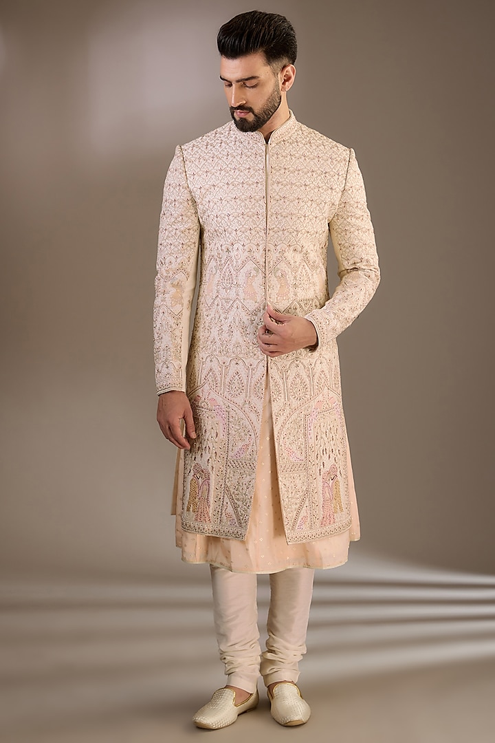 Peach Silk Cutdana & Thread Embroidered Sherwani Set by RE CHANNEL