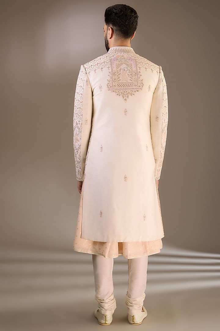 Peach Silk Cutdana & Thread Embroidered Groom Sherwani Set by RE CHANNEL at Pernia's Pop Up Shop
