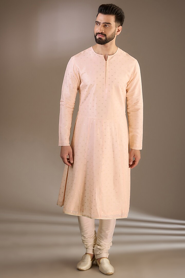 Peach Silk Cutdana & Thread Embroidered Groom Sherwani Set by RE CHANNEL at Pernia's Pop Up Shop