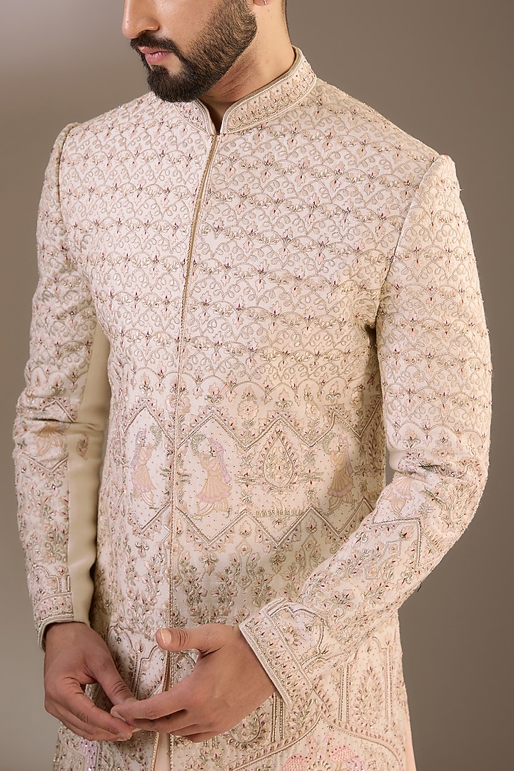 Peach Silk Cutdana & Thread Embroidered Groom Sherwani Set by RE CHANNEL at Pernia's Pop Up Shop