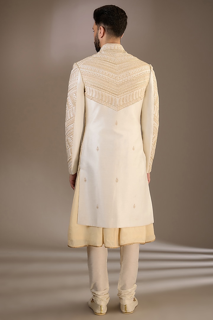 Ivory Silk Resham & Cutdana Embroidered Groom Sherwani Set by RE CHANNEL at Pernia's Pop Up Shop