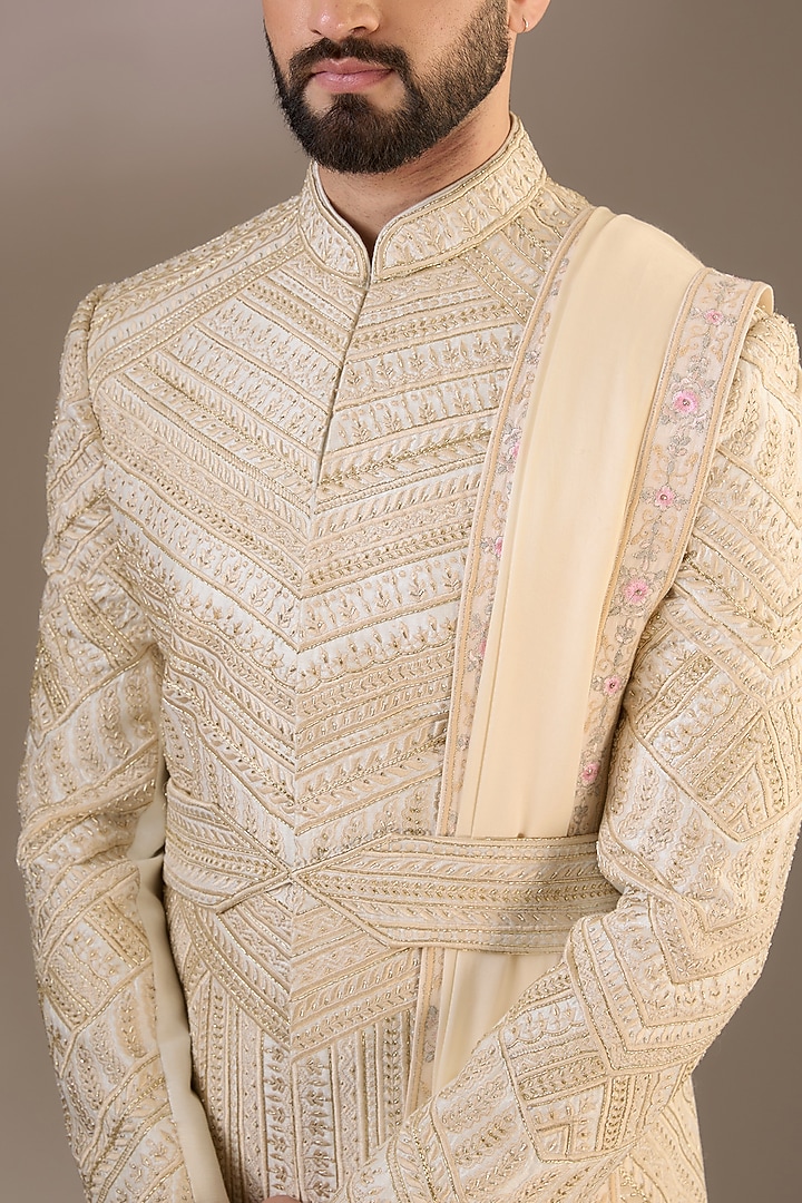 Ivory Silk Resham & Cutdana Embroidered Groom Sherwani Set by RE CHANNEL at Pernia's Pop Up Shop