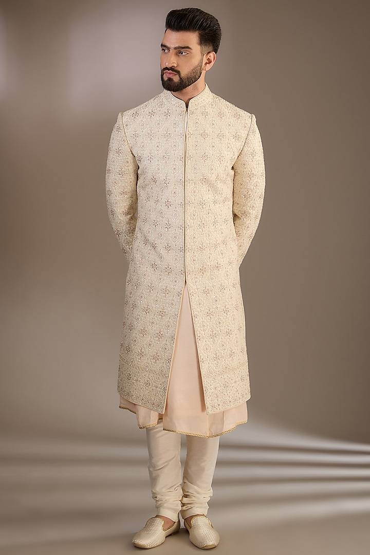 Peach Silk French-Knot & Cutdana Embroidered Sherwani Set by RE CHANNEL