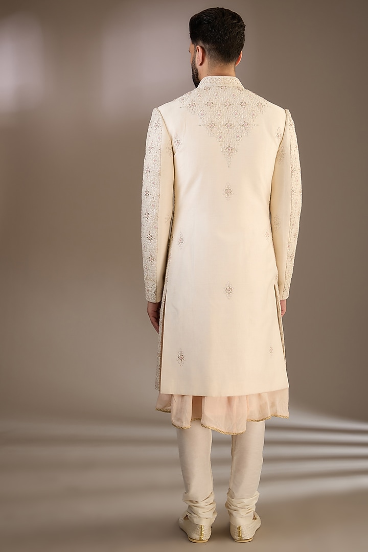 Peach Silk French-Knot & Cutdana Embroidered Wedding Sherwani Set by RE CHANNEL at Pernia's Pop Up Shop