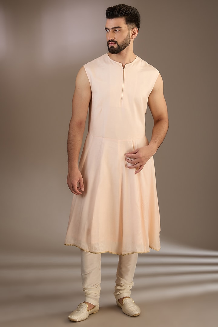 Peach Silk French-Knot & Cutdana Embroidered Wedding Sherwani Set by RE CHANNEL at Pernia's Pop Up Shop