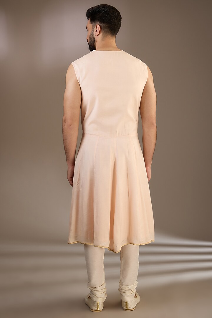 Peach Silk French-Knot & Cutdana Embroidered Wedding Sherwani Set by RE CHANNEL at Pernia's Pop Up Shop