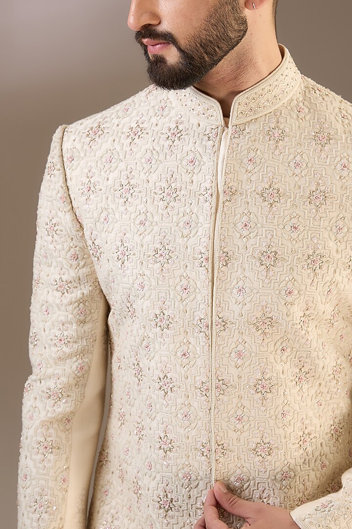 Peach Silk French-Knot & Cutdana Embroidered Wedding Sherwani Set by RE CHANNEL at Pernia's Pop Up Shop