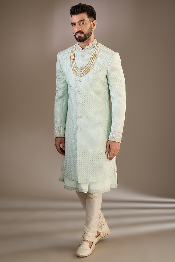 Mint Green Silk Moti & Cutdana Embroidered Sherwani Set by RE CHANNEL