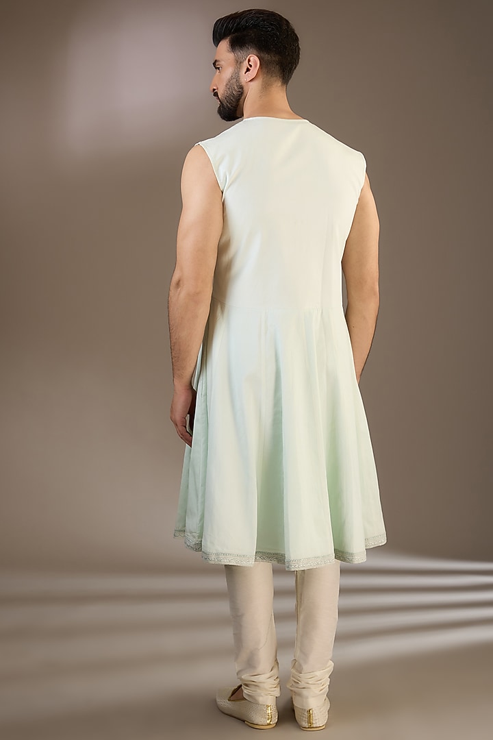 Mint Green Silk Moti & Cutdana Embroidered Wedding Sherwani Set by RE CHANNEL at Pernia's Pop Up Shop