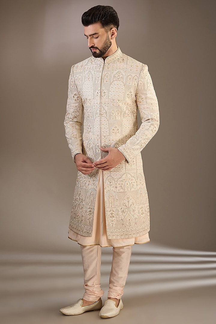 Peach Silk Moti & Zari Embellished Sherwani Set by RE CHANNEL