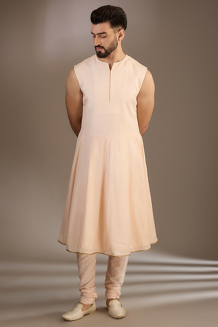 Peach Silk Moti & Zari Embellished Wedding Sherwani Set by RE CHANNEL at Pernia's Pop Up Shop