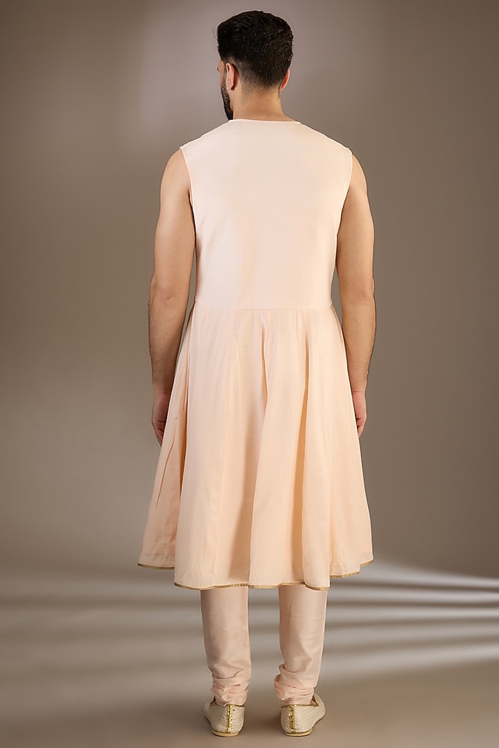 Peach Silk Moti & Zari Embellished Wedding Sherwani Set by RE CHANNEL at Pernia's Pop Up Shop