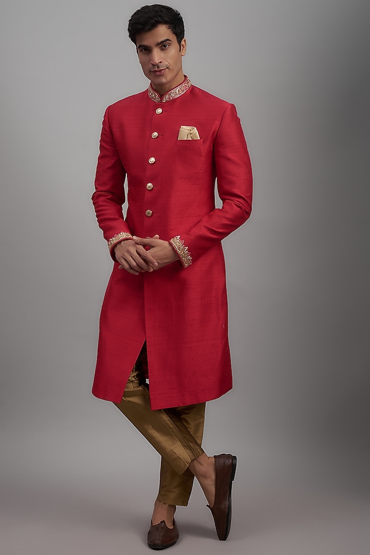 Rani Pink Raw Silk Embroidered Wedding Sherwani Set by RE CHANNEL at Pernia's Pop Up Shop