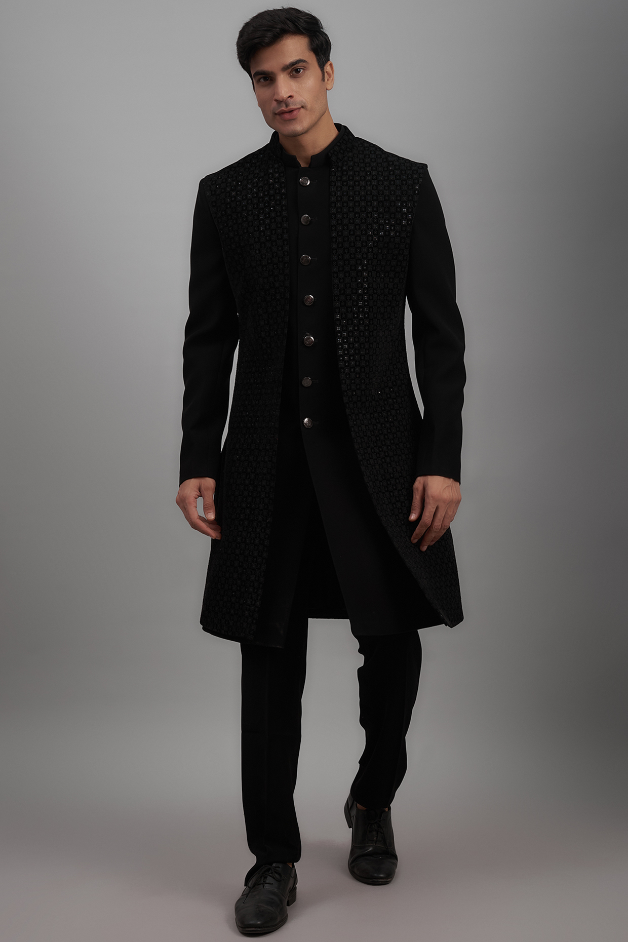Black Japanese Suiting Fabric Embroidered Wedding Indowestern Jacket Set by RE CHANNEL at Pernia's Pop Up Shop