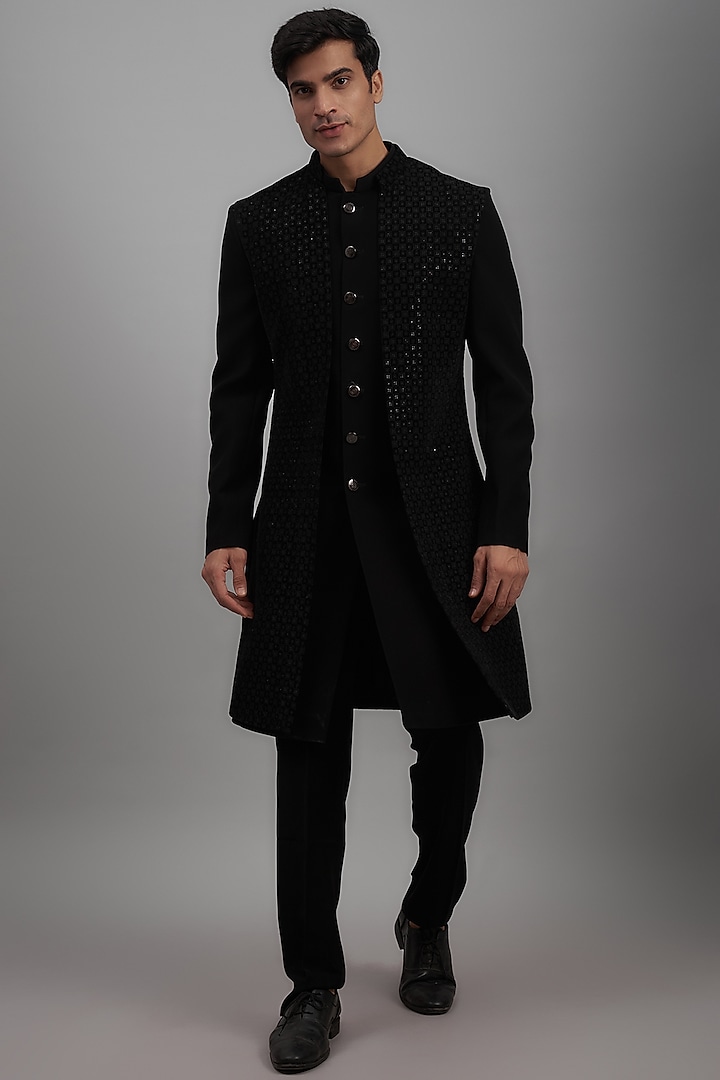 Black Japanese Suiting Fabric Embroidered Wedding Indowestern Jacket Set by RE CHANNEL at Pernia's Pop Up Shop